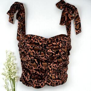 Forever 21 L Cropped Cheetah Print Top‎ Corset Ruched Satin Party Club Glam Chic